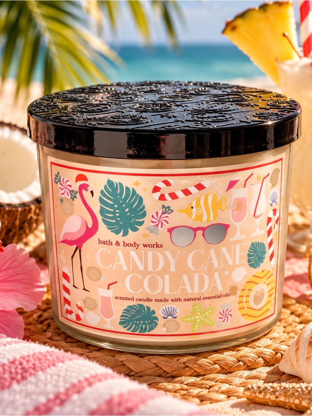 Bath & Body Works Candy Cane Colada Candle - Pink and Cream limited edition